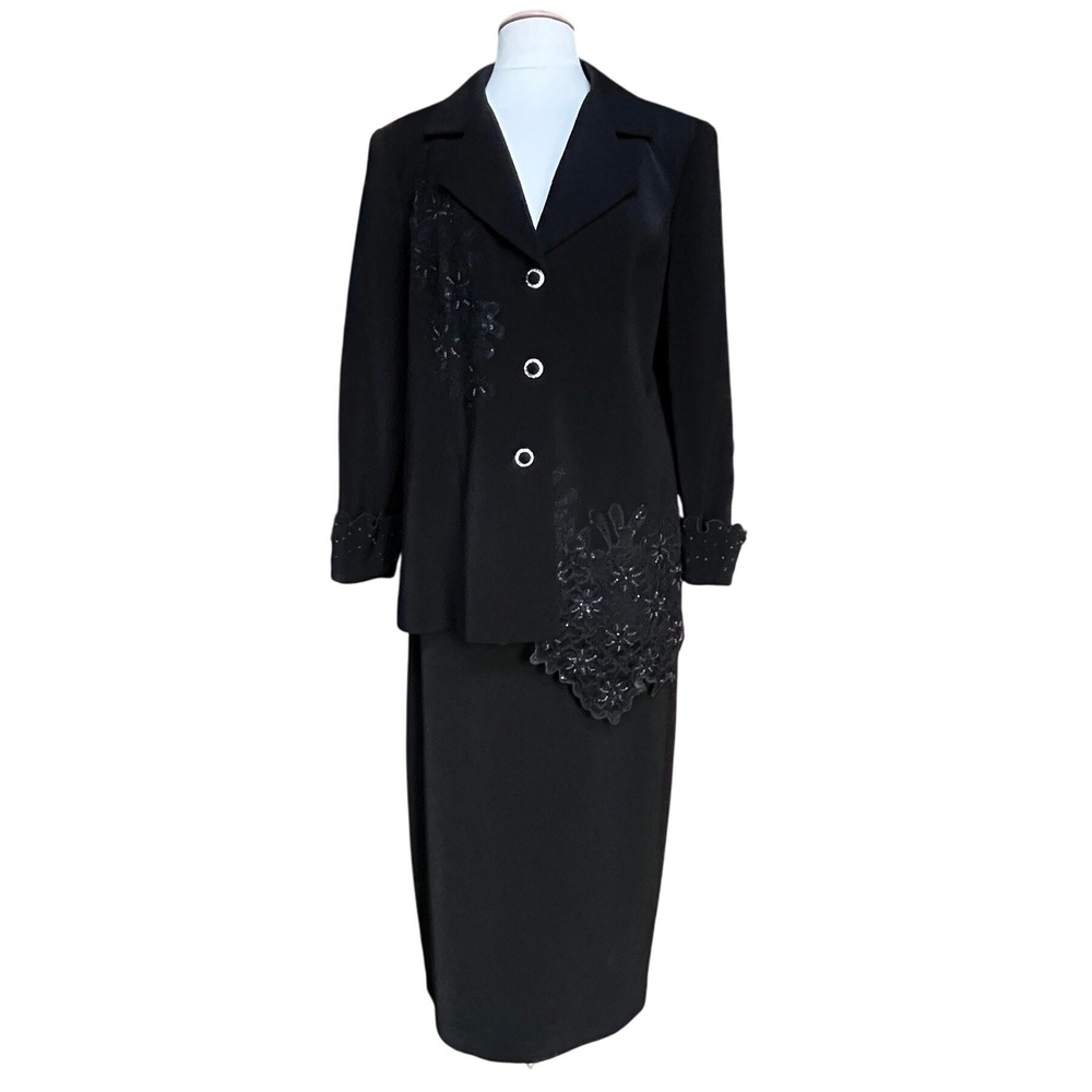 BMI Studio Black Embellish Bead Skirt Suit Set Womens Size 14 Asymetric Hem Glam